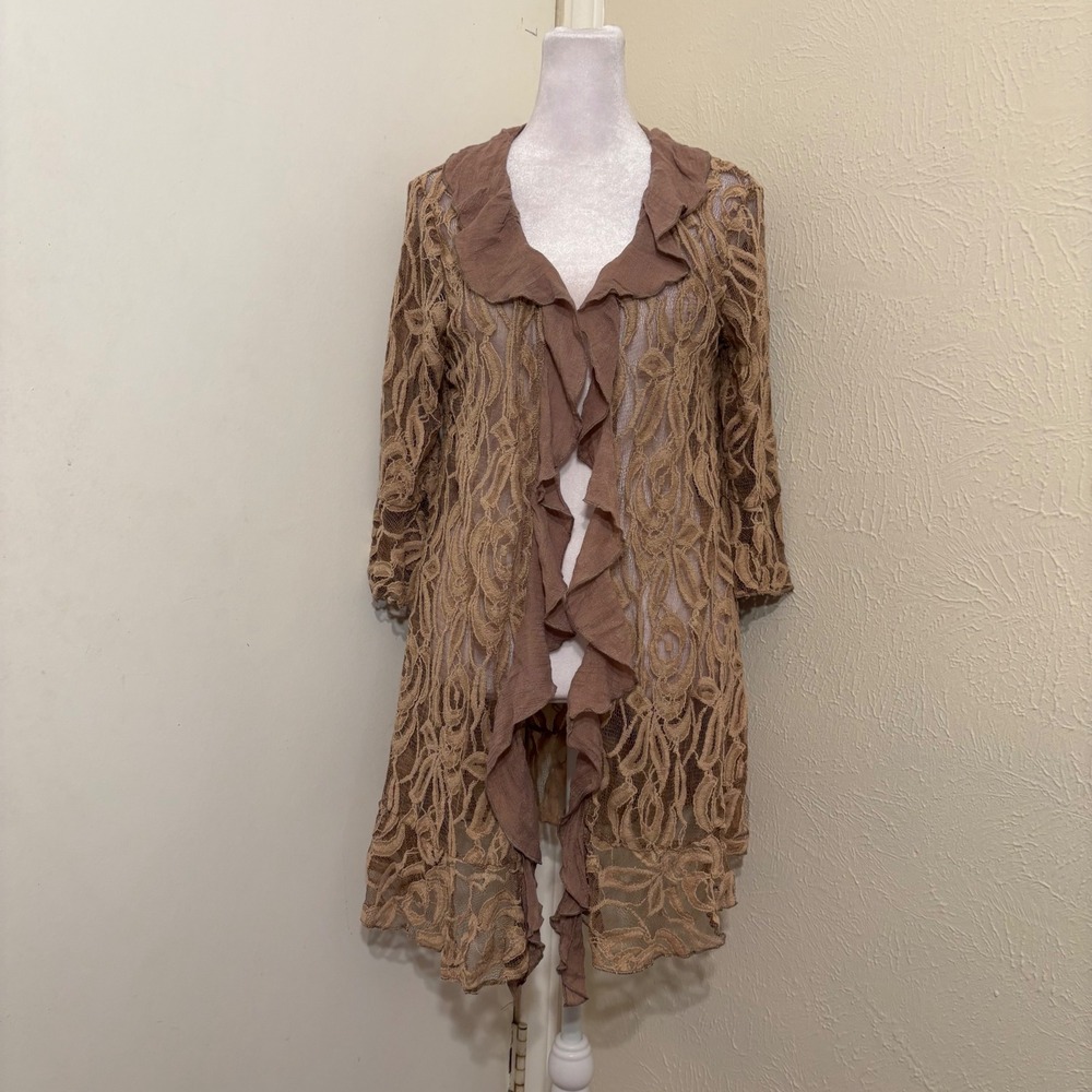 Lady Noiz Brown Tan Ruffle Trim Open Front Lace Cardigan Fairycore Fall S